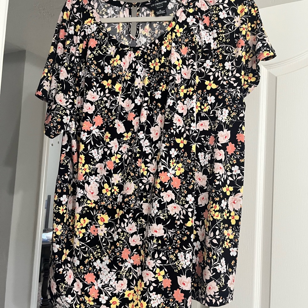 Liz Claiborne Pink and Yellow Ruffled Short Sleeve Blouse